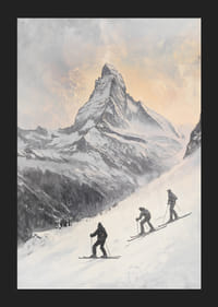 Illustrasjon av tre skiløpere som vender mot Matterhorn i vinterlandskap-5