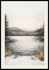 Malet vinterlandskap med frossen innsjø og åser i milde toner-2