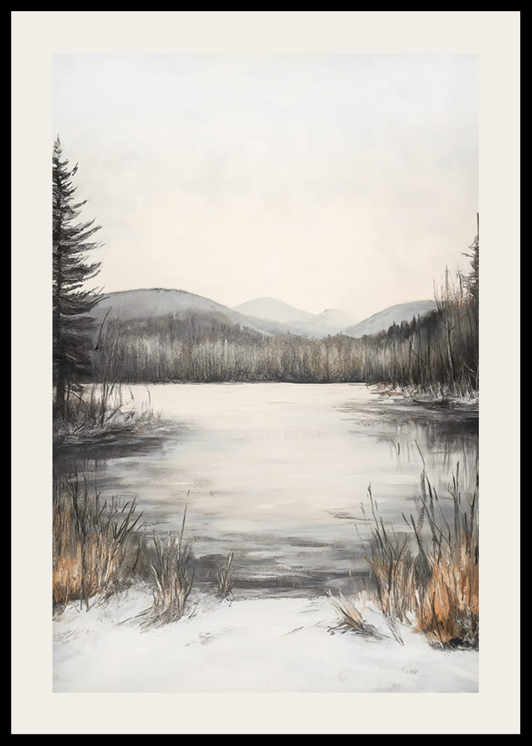 Malet vinterlandskap med frossen innsjø og åser i milde toner-12