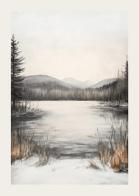 Malet vinterlandskap med frossen innsjø og åser i milde toner-3