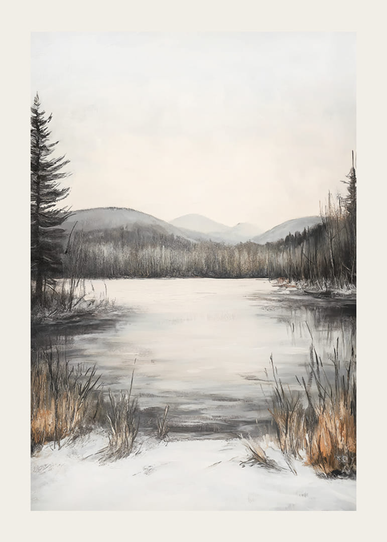 Malet vinterlandskap med frossen innsjø og åser i milde toner-12