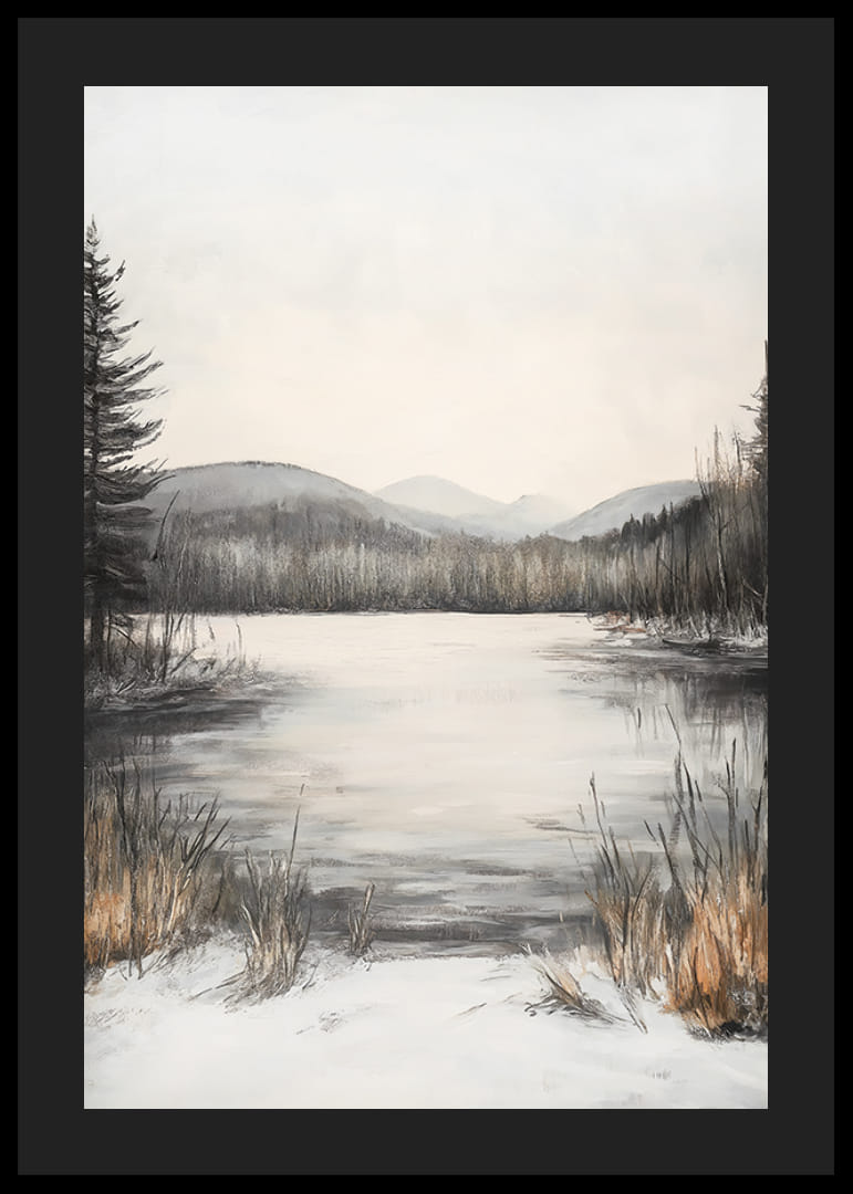 Malet vinterlandskap med frossen innsjø og åser i milde toner-12