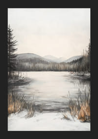 Malet vinterlandskap med frossen innsjø og åser i milde toner-5