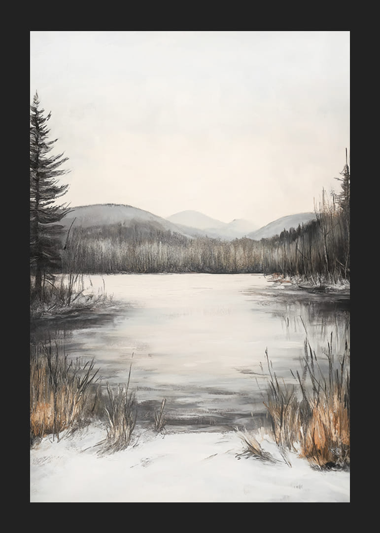 Malet vinterlandskap med frossen innsjø og åser i milde toner-12