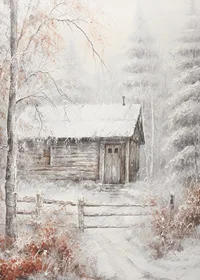 Målad timmerstuga i vinterskog med snö och frostiga träd-7