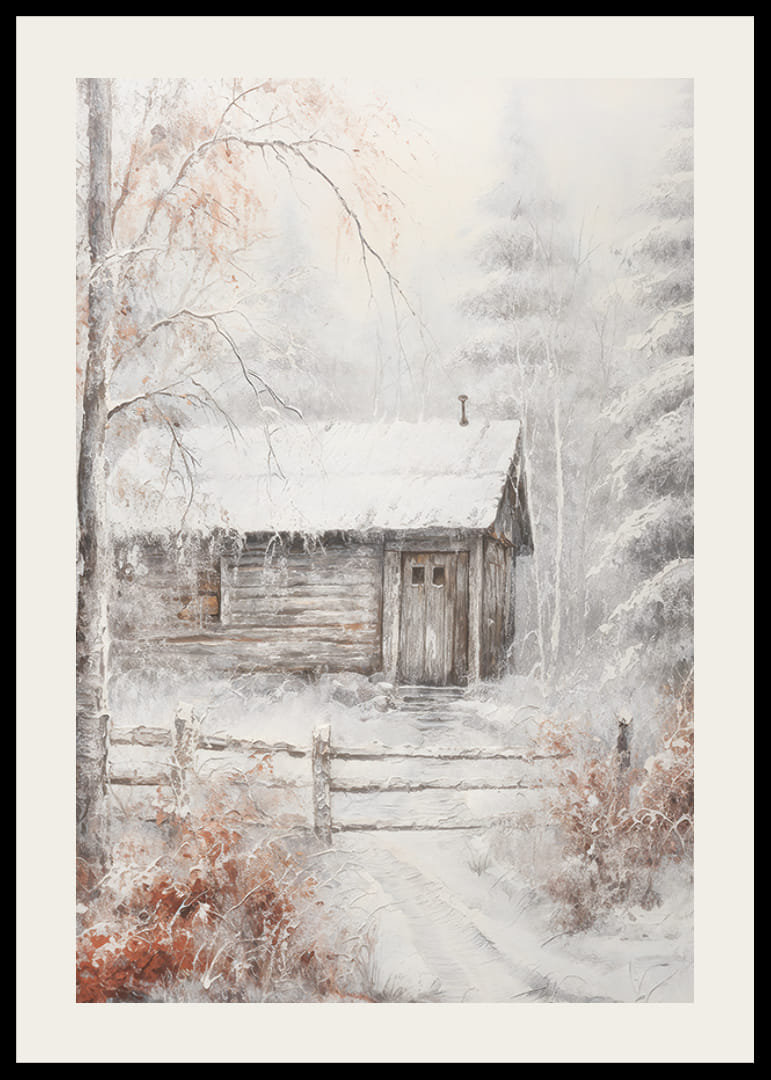 Maľovaný zrub v zimnom lese so snehom a mrazivými stromami-12