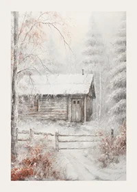 Målad timmerstuga i vinterskog med snö och frostiga träd-3