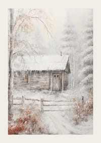 Maľovaný zrub v zimnom lese so snehom a mrazivými stromami-3