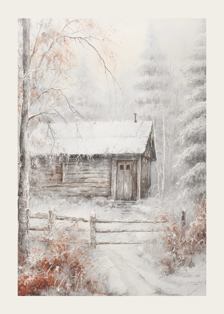 Maľovaný zrub v zimnom lese so snehom a mrazivými stromami-12