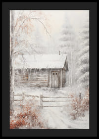 Maľovaný zrub v zimnom lese so snehom a mrazivými stromami-4