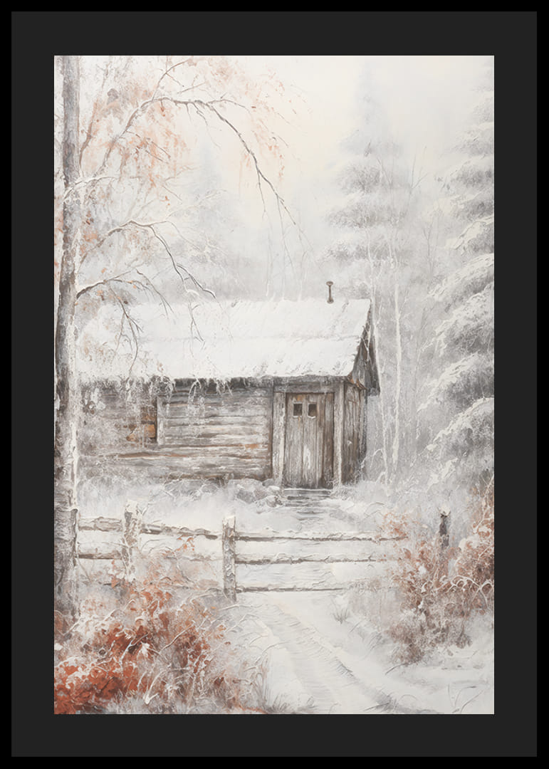 Maľovaný zrub v zimnom lese so snehom a mrazivými stromami-12