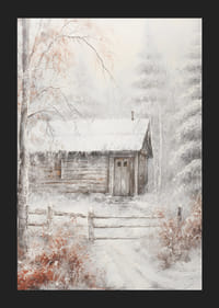 Maľovaný zrub v zimnom lese so snehom a mrazivými stromami-5