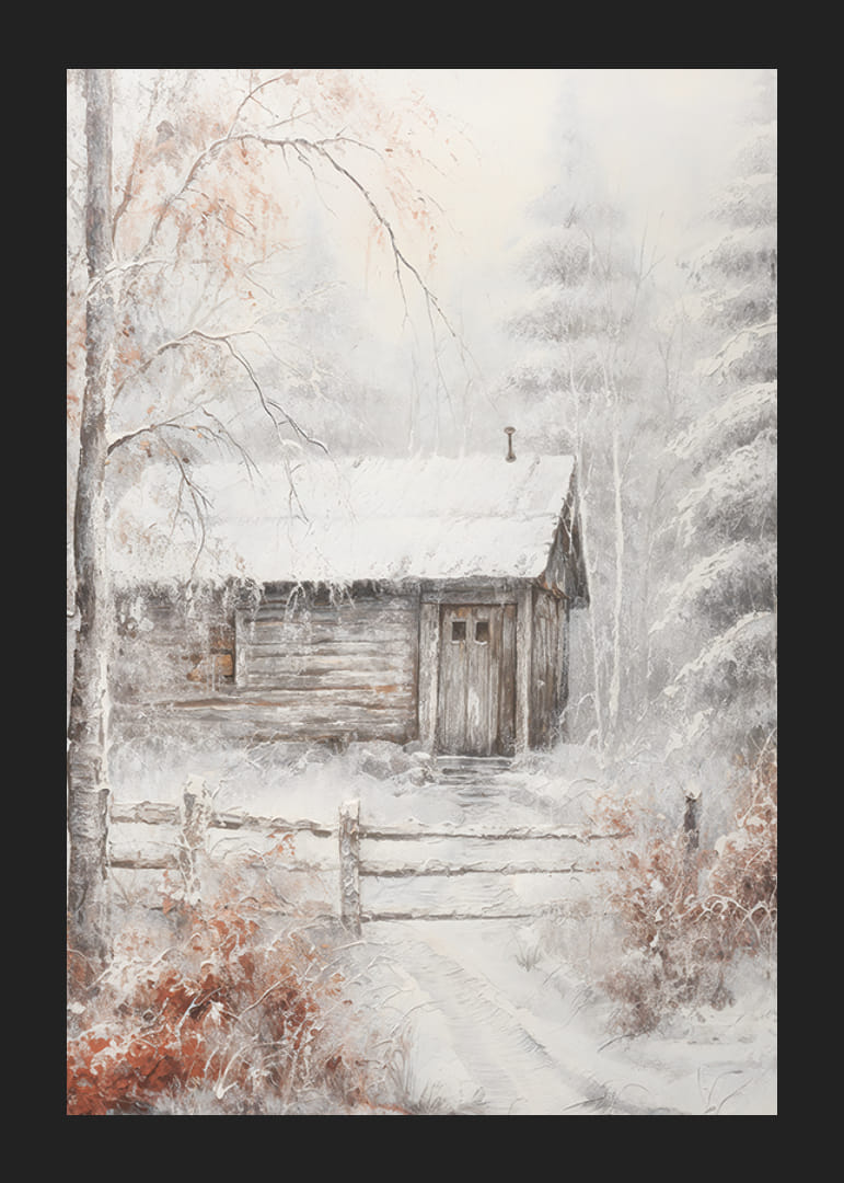 Maľovaný zrub v zimnom lese so snehom a mrazivými stromami-12