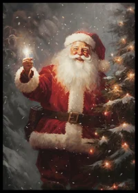 Painted Santa with lantern next to Christmas tree with lights and snow-6