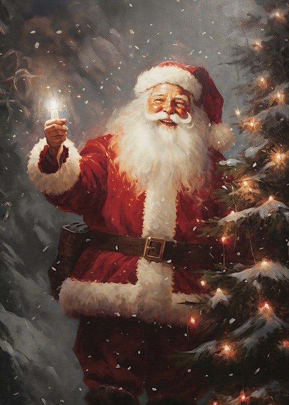 Père Noël peint avec une lanterne à côté d'un arbre de Noël avec des lumières et de la neige-12