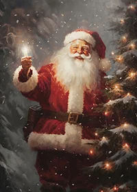 Painted Santa with lantern next to Christmas tree with lights and snow-7
