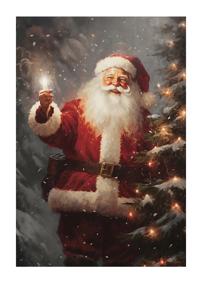 Painted Santa with lantern next to Christmas tree with lights and snow-12