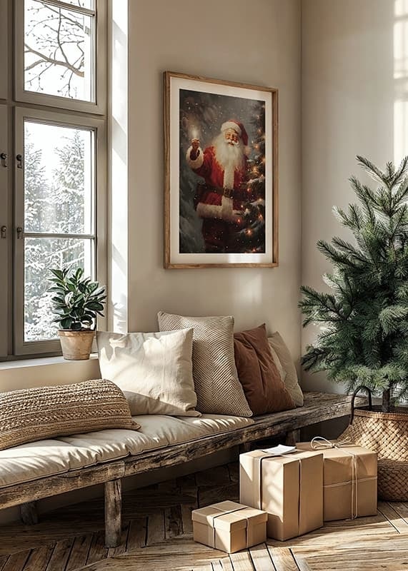 Père Noël peint avec une lanterne à côté d'un arbre de Noël avec des lumières et de la neige-12