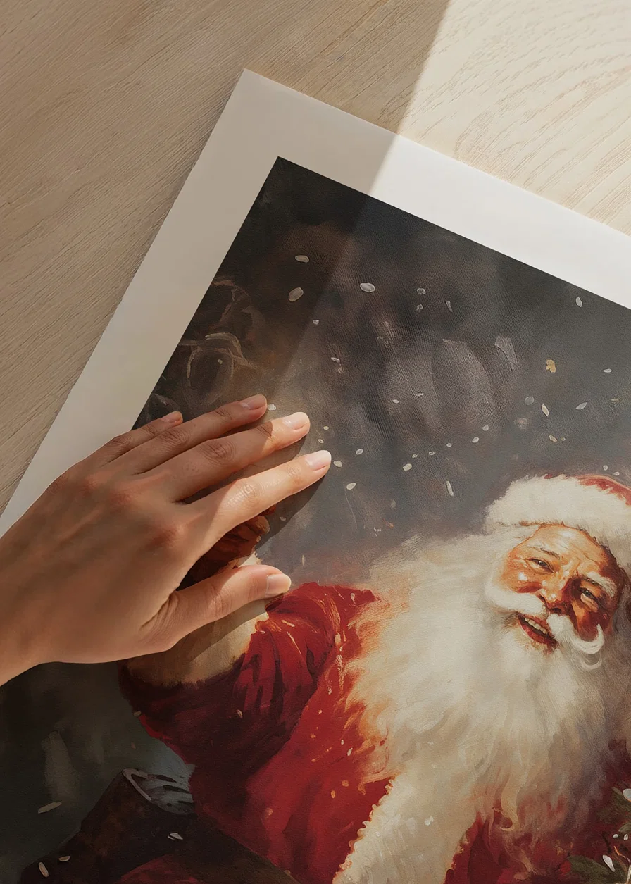 Painted Santa with lantern next to Christmas tree with lights and snow-12