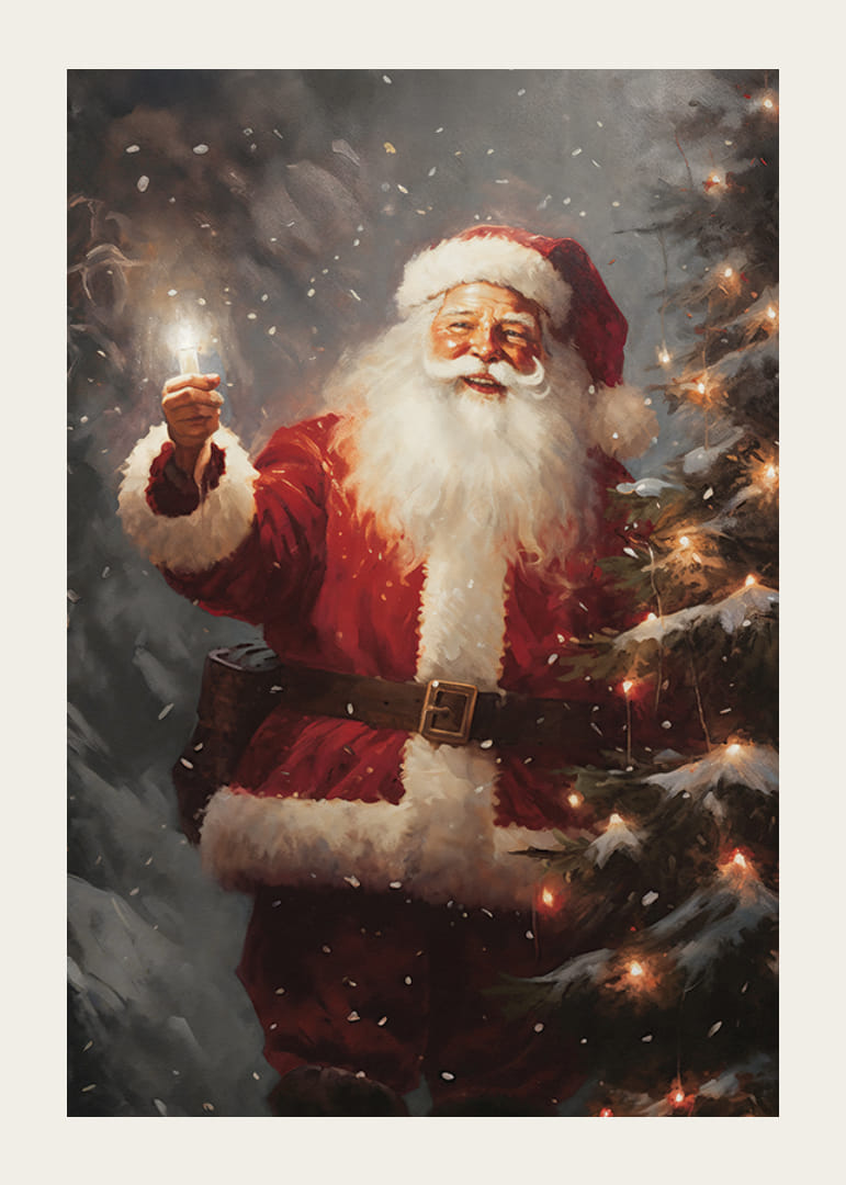 Malt julenisse med lykt ved siden av juletre med lys og snø-12