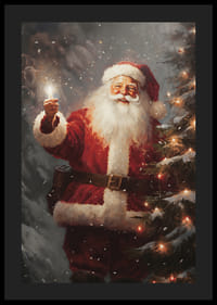 Malt julenisse med lykt ved siden av juletre med lys og snø-4