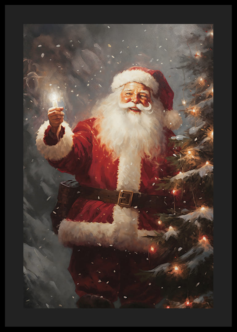 Malt julenisse med lykt ved siden av juletre med lys og snø-12