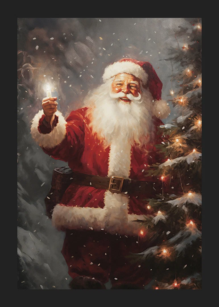 Painted Santa with lantern next to Christmas tree with lights and snow-12