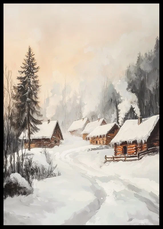 Painted winter village with log cabins in a snow-covered forest environment-12