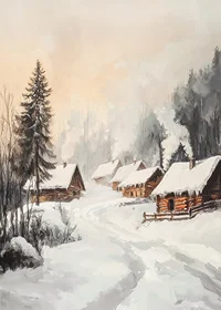 Painted winter village with log cabins in a snow-covered forest environment-7