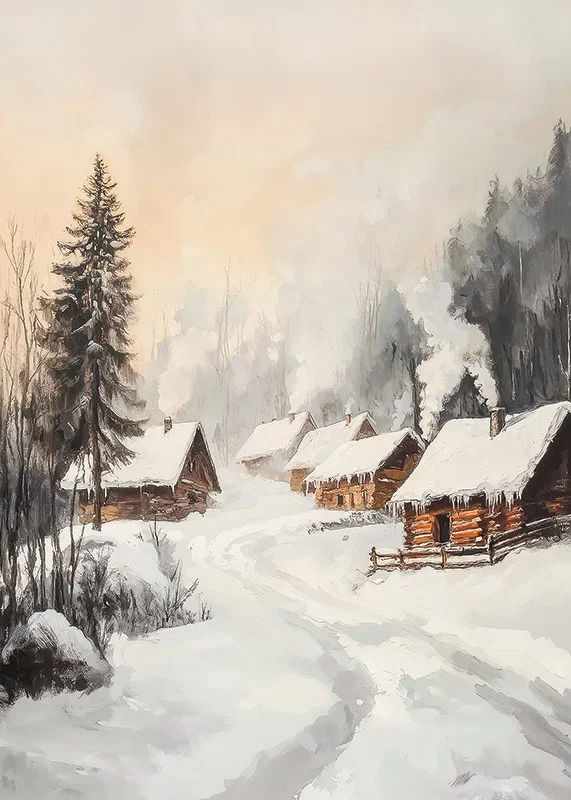 Painted winter village with log cabins in a snow-covered forest environment-12