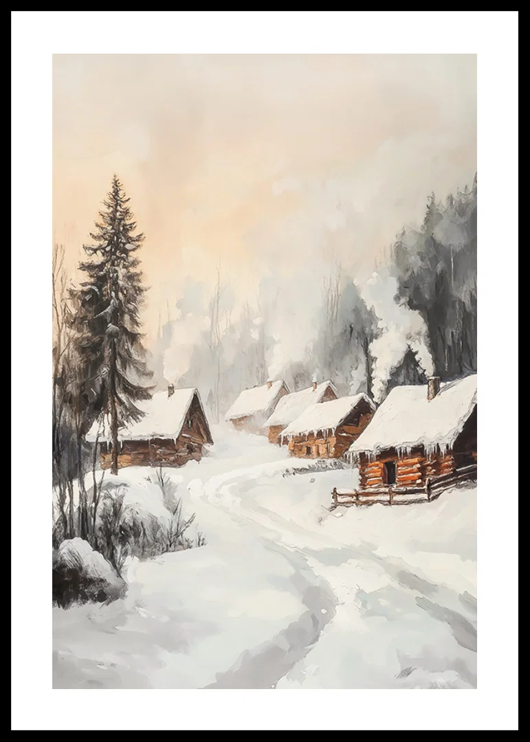 Painted winter village with log cabins in a snow-covered forest environment-12