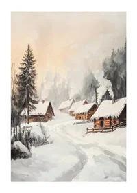 Painted winter village with log cabins in a snow-covered forest environment-1
