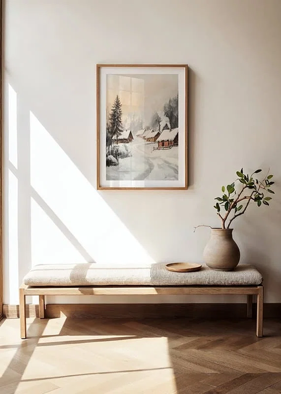 Painted winter village with log cabins in a snow-covered forest environment-12