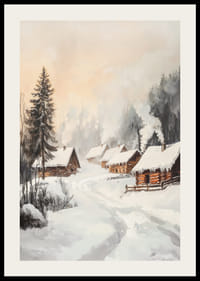 Malet vinterlandsby med tømmerhytter i et snødekt skogsmiljø-2