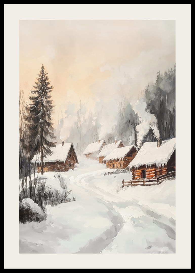 Malet vinterlandsby med tømmerhytter i et snødekt skogsmiljø-12