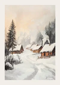 Painted winter village with log cabins in a snow-covered forest environment-3
