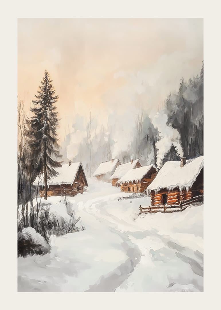 Malet vinterlandsby med tømmerhytter i et snødekt skogsmiljø-12