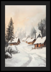 Malet vinterlandsby med tømmerhytter i et snødekt skogsmiljø-4