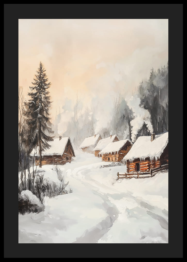 Malet vinterlandsby med tømmerhytter i et snødekt skogsmiljø-12