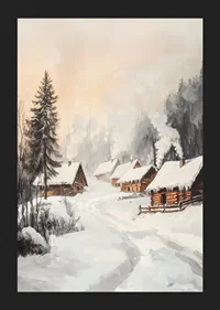 Painted winter village with log cabins in a snow-covered forest environment-5