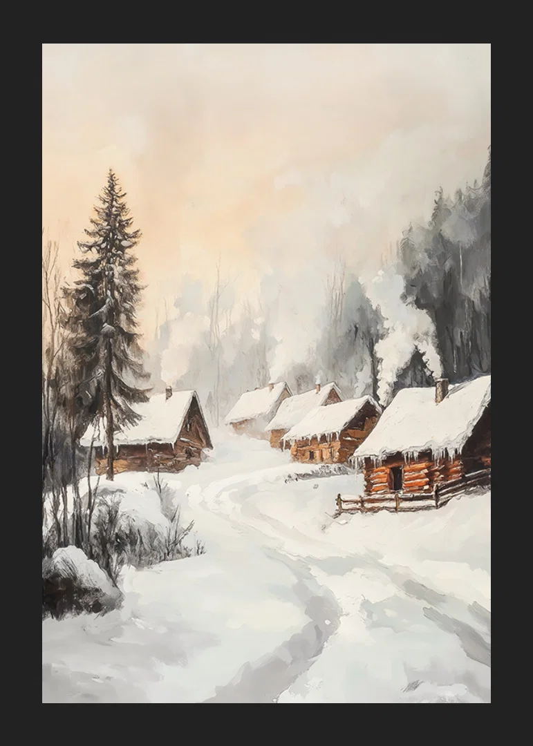 Painted winter village with log cabins in a snow-covered forest environment-12