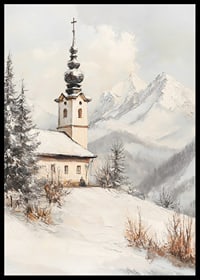 Painted landscape view with winter church among snow-covered mountains-6