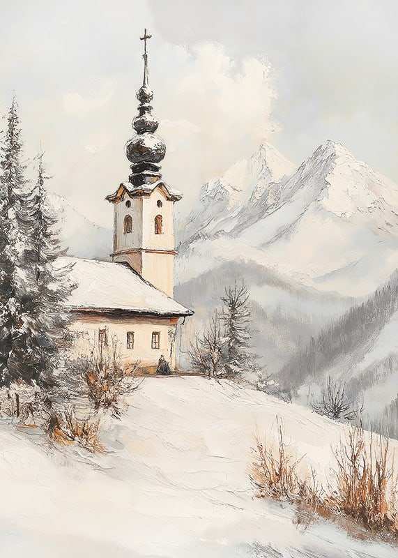 Painted landscape view with winter church among snow-covered mountains-12