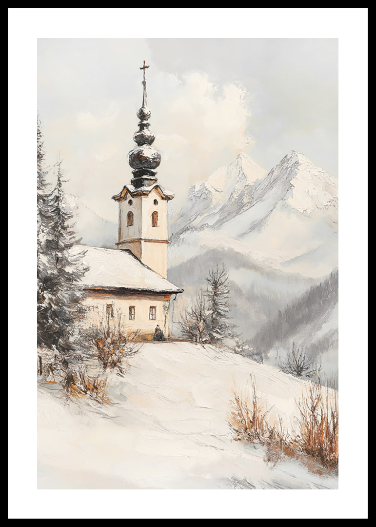 Painted landscape view with winter church among snow-covered mountains-12