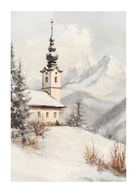 Plagát s maľbou kostola obklopeného zasneženými horami-1
