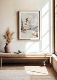 Painted landscape view with winter church among snow-covered mountains-8