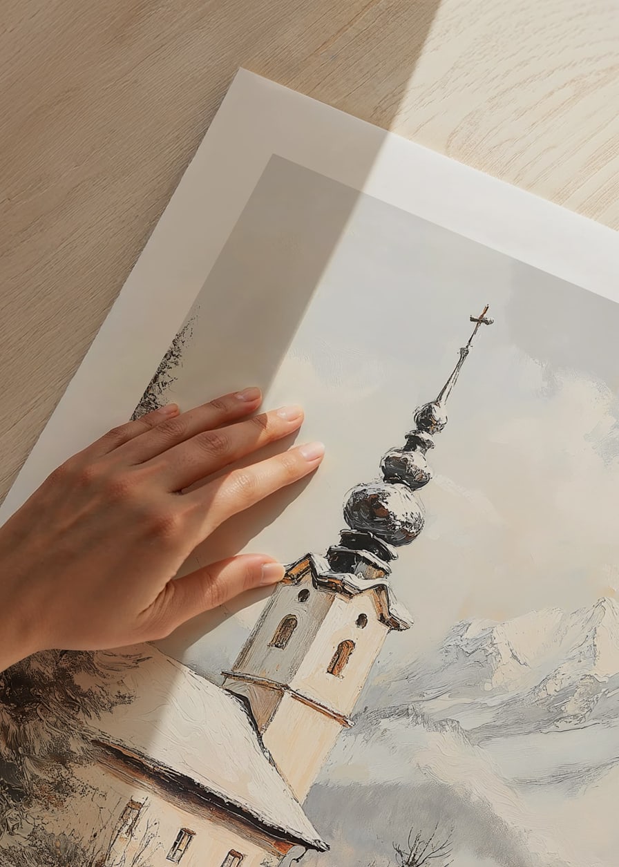 Painted landscape view with winter church among snow-covered mountains-12