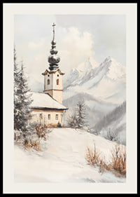 Painted landscape view with winter church among snow-covered mountains-2