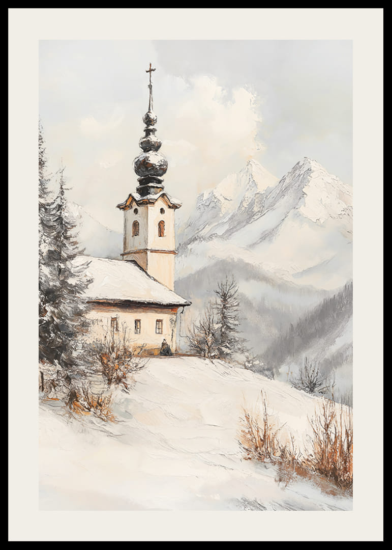 Festett tájkép téli templommal a hófödte hegyek között-12