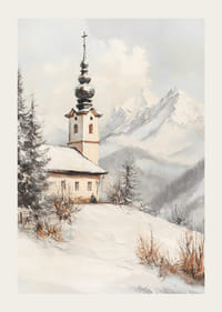 Festett tájkép téli templommal a hófödte hegyek között-3